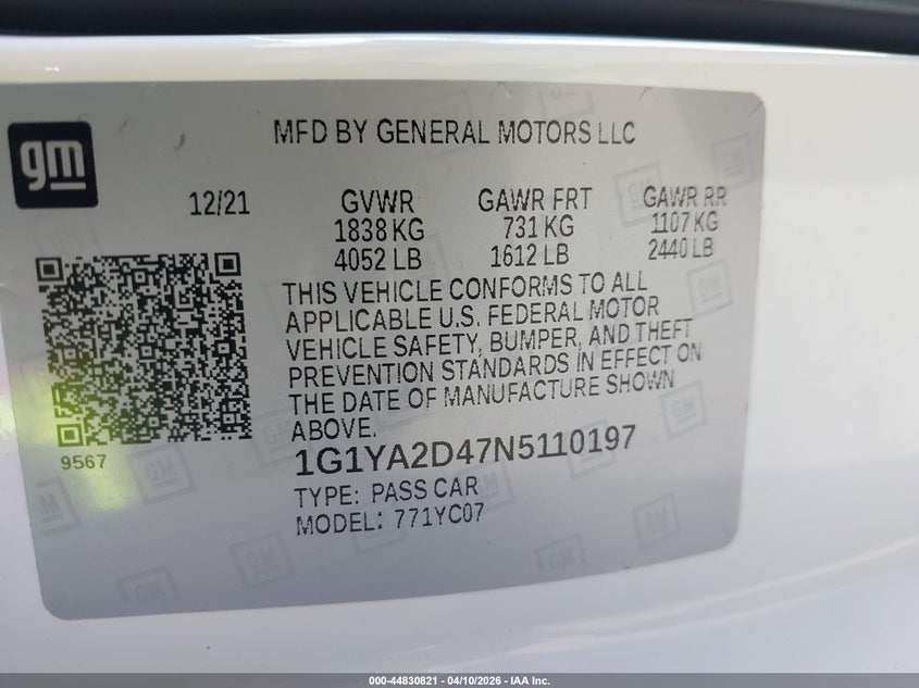 2022 Chevrolet Corvette Stingray Rwd 1Lt VIN: 1G1YA2D47N5110197 Lot: 44830821