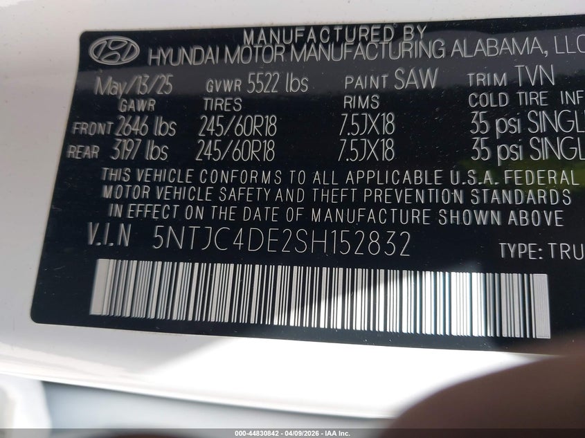 2025 Hyundai Santa Cruz Sel Activity VIN: 5NTJC4DE2SH152832 Lot: 44830842