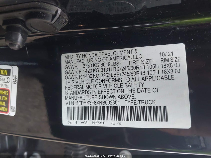 2022 Honda Ridgeline Black Edition VIN: 5FPYK3F8XNB002351 Lot: 44830871