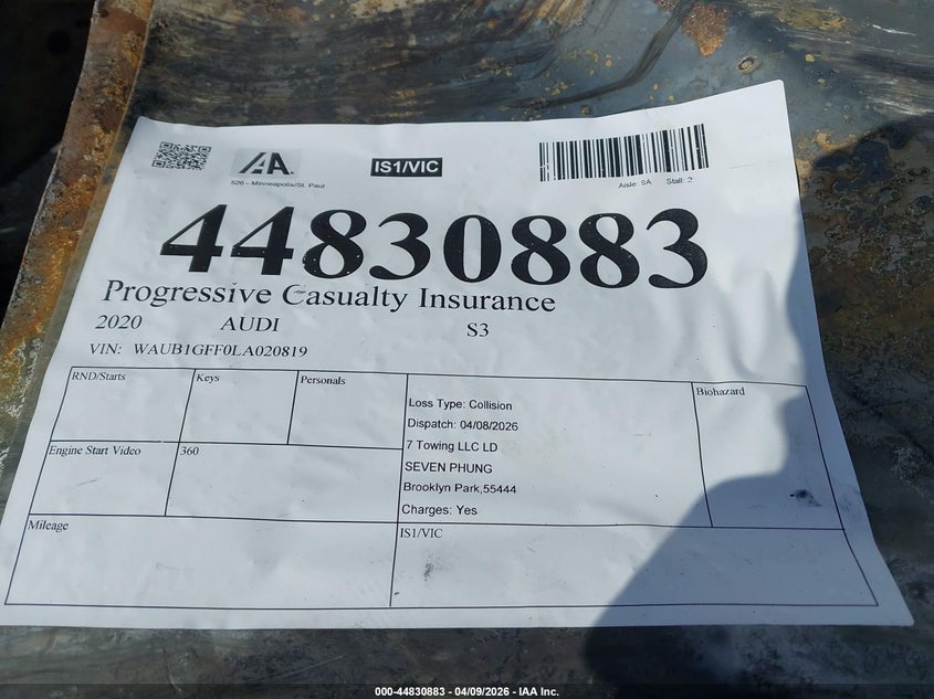 2020 Audi S3 Premium Tfsi Quattro S Tronic VIN: WAUB1GFF0LA020819 Lot: 44830883