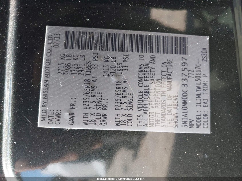 2013 Infiniti Jx35 VIN: 5N1AL0MM0DC337597 Lot: 44830909