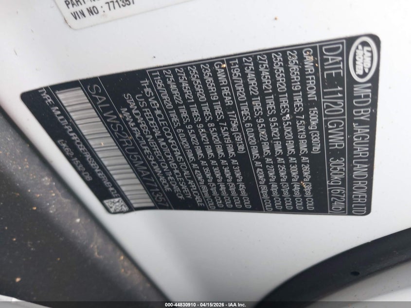 2021 Land Rover Range Rover Sport Hst Mhev VIN: SALWS2RU5MA771357 Lot: 44830910