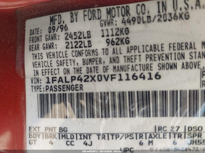 1997 Ford Mustang Gt VIN: 1FALP42X0VF116416 Lot: 44830912