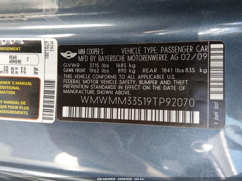 2009 Mini Cooper S Clubman VIN: WMWMM33519TP92070 Lot: 44830929