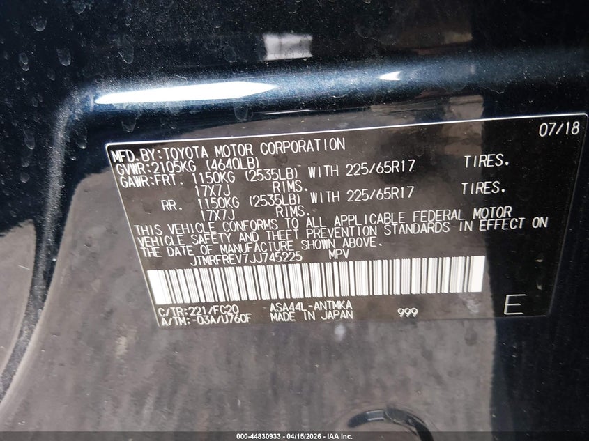 2018 Toyota Rav4 Xle VIN: JTMRFREV7JJ745225 Lot: 44830933