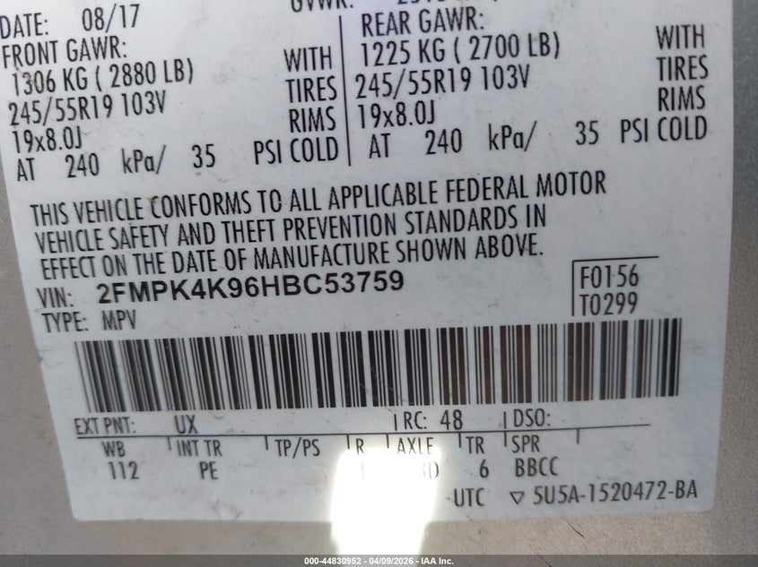 2017 Ford Edge 2.0 Titanium silver Lot 111044830952 Vin 2FMPK4K96HBC53759