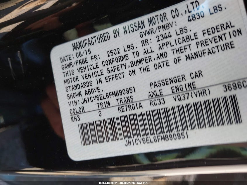 2015 Infiniti Q60 VIN: JN1CV6EL6FM890951 Lot: 44830981