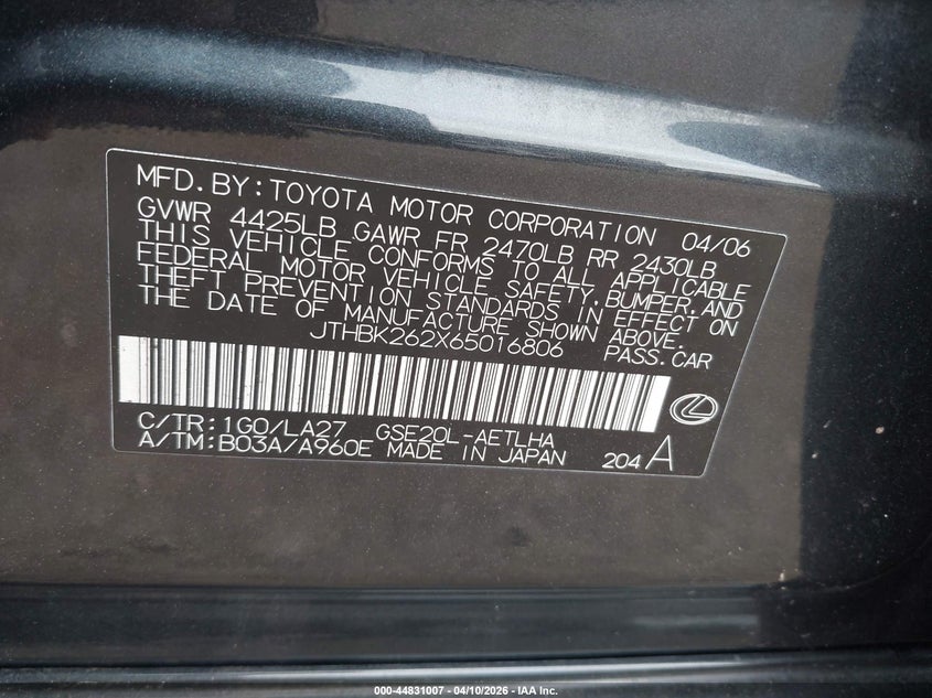 2006 Lexus Is 250 VIN: JTHBK262X65016806 Lot: 44831007