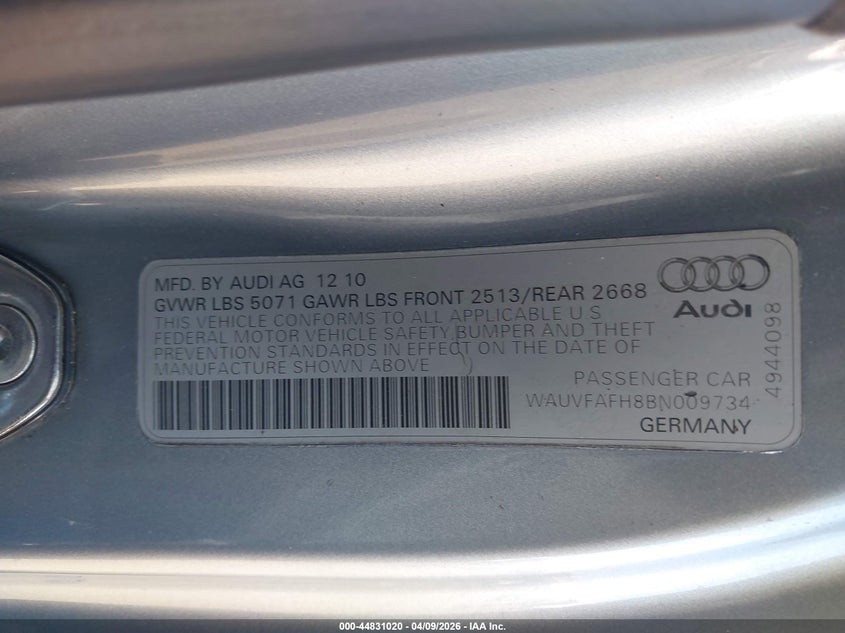 2011 Audi A5 2.0T Premium VIN: WAUVFAFH8BN009734 Lot: 44831020