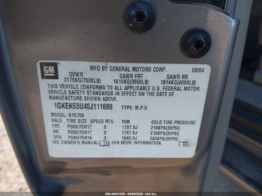 2005 GMC Yukon Denali VIN: 1GKEK63U45J111688 Lot: 44831029