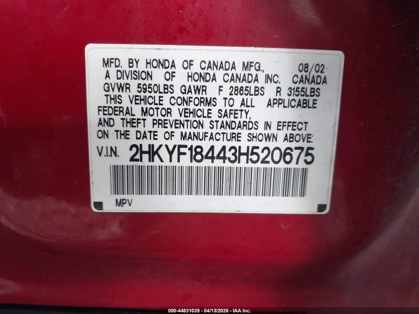 2003 Honda Pilot Ex VIN: 2HKYF18443H520675 Lot: 44831039