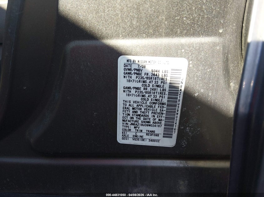 2009 Nissan Murano S VIN: JN8AZ18U39W024167 Lot: 44831050