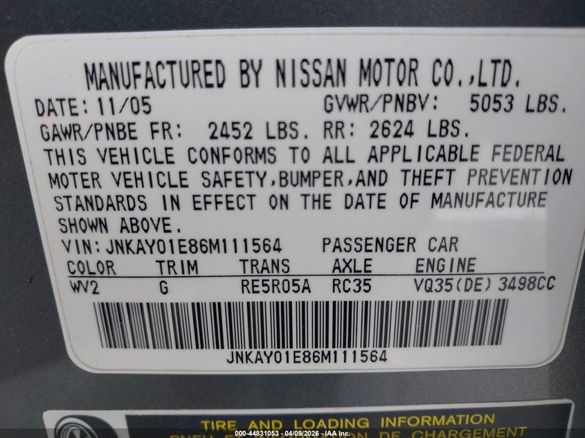 2006 Infiniti M35 VIN: JNKAY01E86M111564 Lot: 44831053