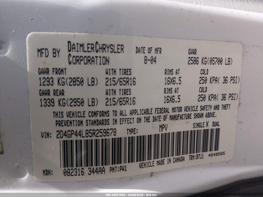 2005 Dodge Grand Caravan Sxt VIN: 2D4GP44L85R259678 Lot: 44831085