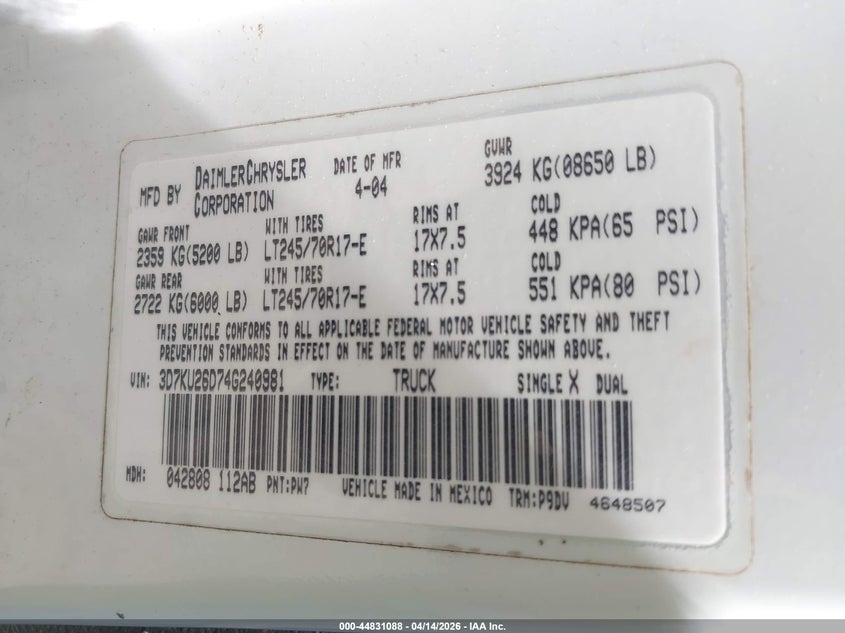 2004 Dodge Ram 2500 St VIN: 3D7KU26D74G240981 Lot: 44831088