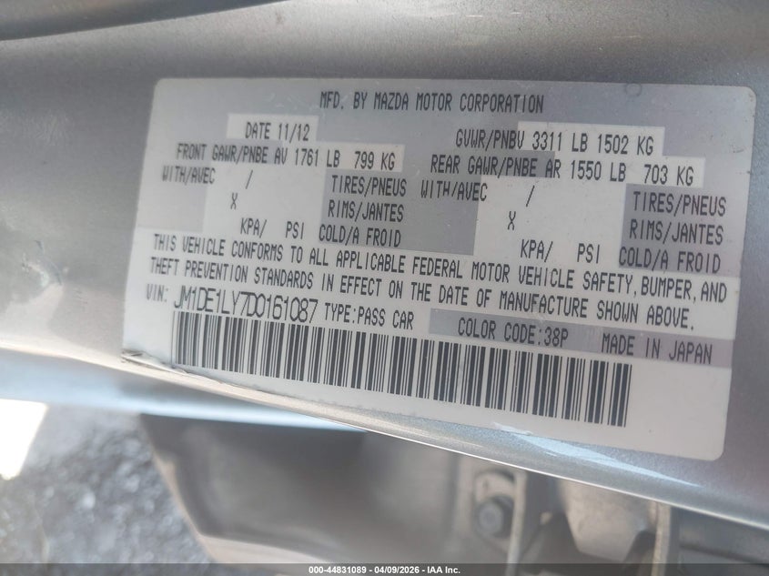 2013 Mazda Mazda2 Touring VIN: JM1DE1LY7D0161087 Lot: 44831089