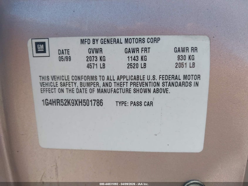 1999 Buick Lesabre Limited VIN: 1G4HR52K9XH501786 Lot: 44831092