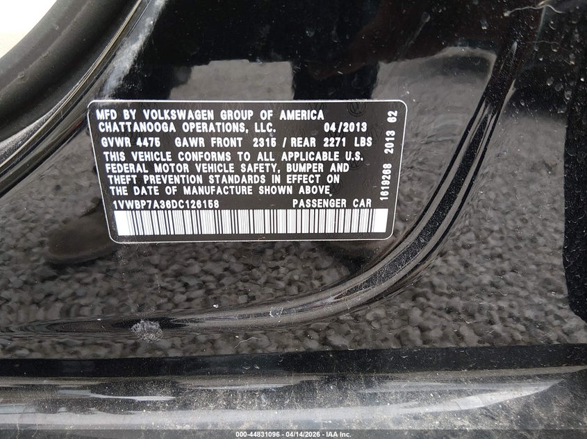 2013 Volkswagen Passat 2.5L Se VIN: 1VWBP7A36DC126158 Lot: 44831096