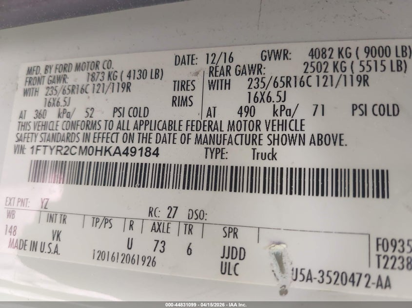 2017 Ford Transit-250 VIN: 1FTYR2CM0HKA49184 Lot: 44831099