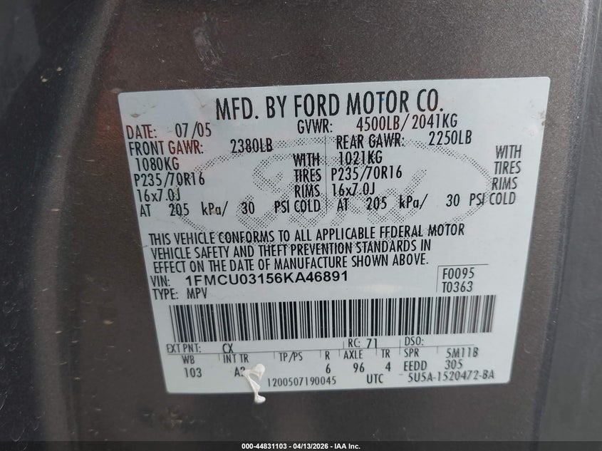 2006 Ford Escape Xlt/Xlt Sport VIN: 1FMCU03156KA46891 Lot: 44831103