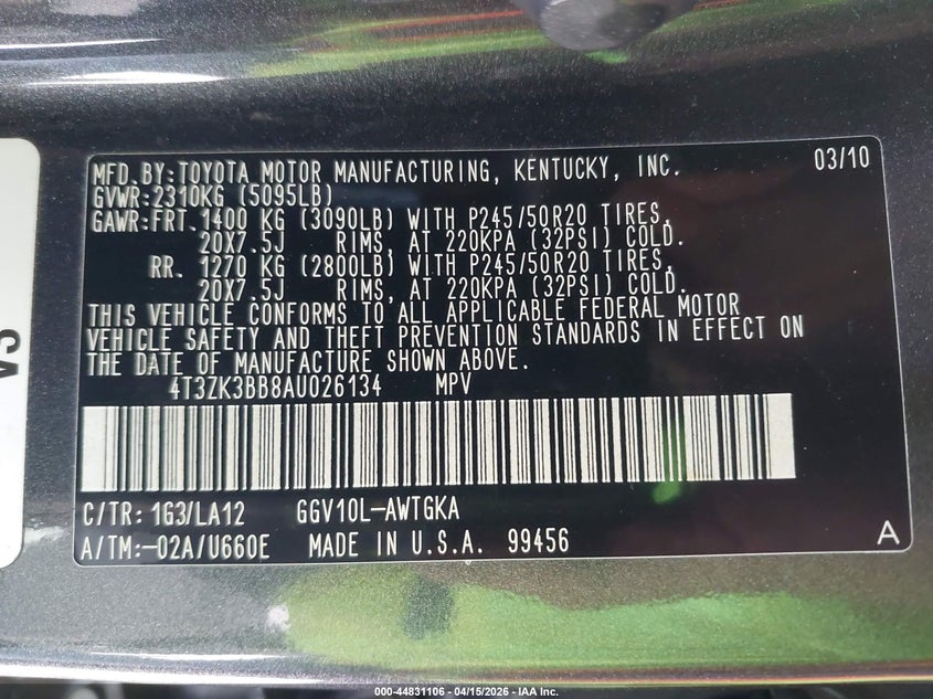 2010 Toyota Venza Base V6 VIN: 4T3ZK3BB8AU026134 Lot: 44831106