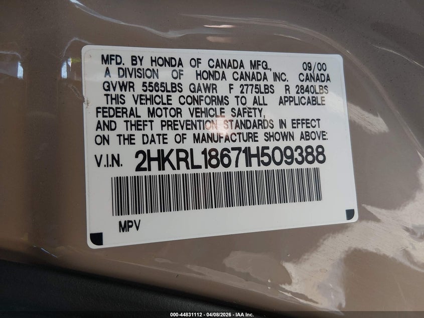 2001 Honda Odyssey Ex VIN: 2HKRL18671H509388 Lot: 44831112