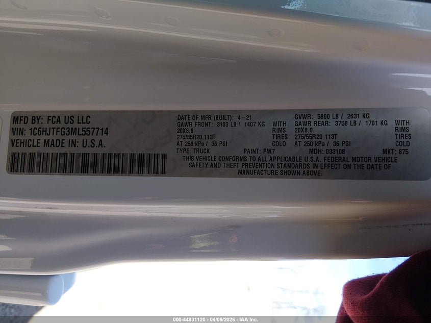 2021 Jeep Gladiator High Altitude 4X4 VIN: 1C6HJTFG3ML557714 Lot: 44831120