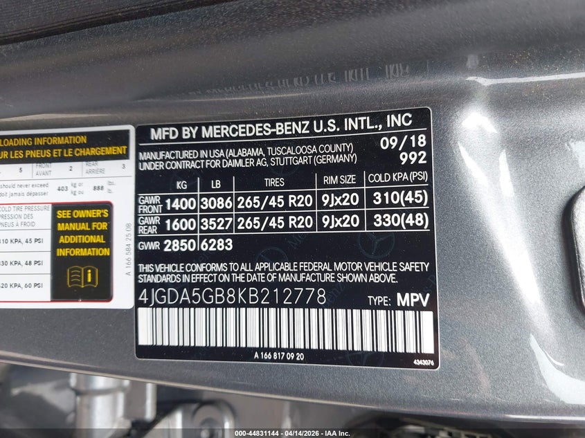 2019 Mercedes-Benz Gle 400 4Matic VIN: 4JGDA5GB8KB212778 Lot: 44831144