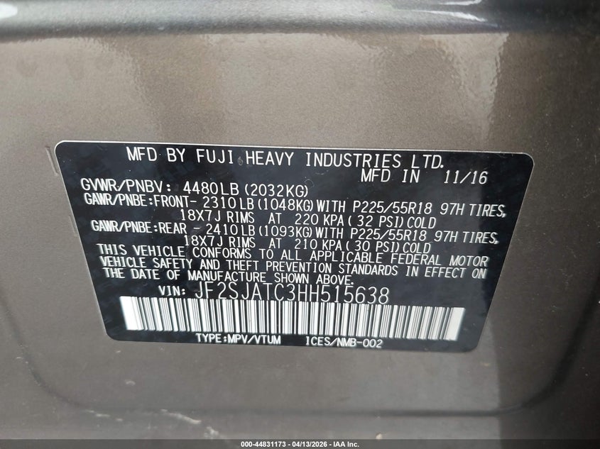 2017 Subaru Forester 2.5I Touring VIN: JF2SJATC3HH515638 Lot: 44831173