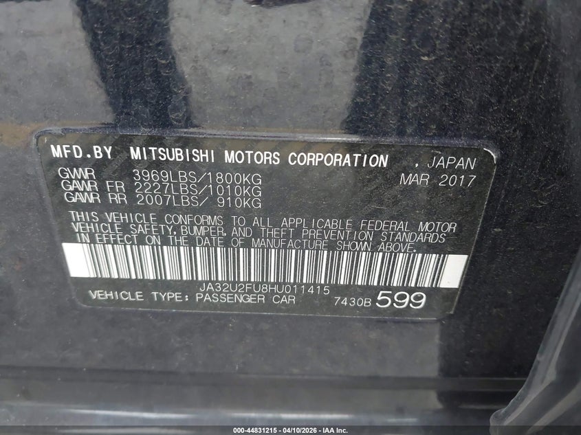 2017 Mitsubishi Lancer Es VIN: JA32U2FU8HU011415 Lot: 44831215