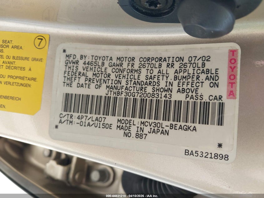 2002 Lexus Es 300 VIN: JTHBF30G720083143 Lot: 44831218