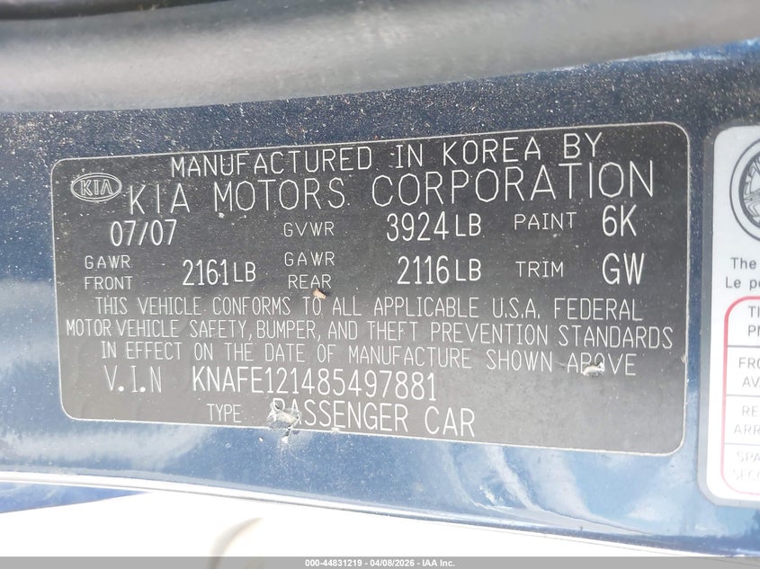 2008 Kia Spectra Ex VIN: KNAFE121485497881 Lot: 44831219