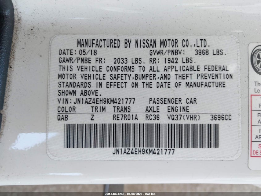 2019 Nissan 370Z Nismo VIN: JN1AZ4EH9KM421777 Lot: 44831248