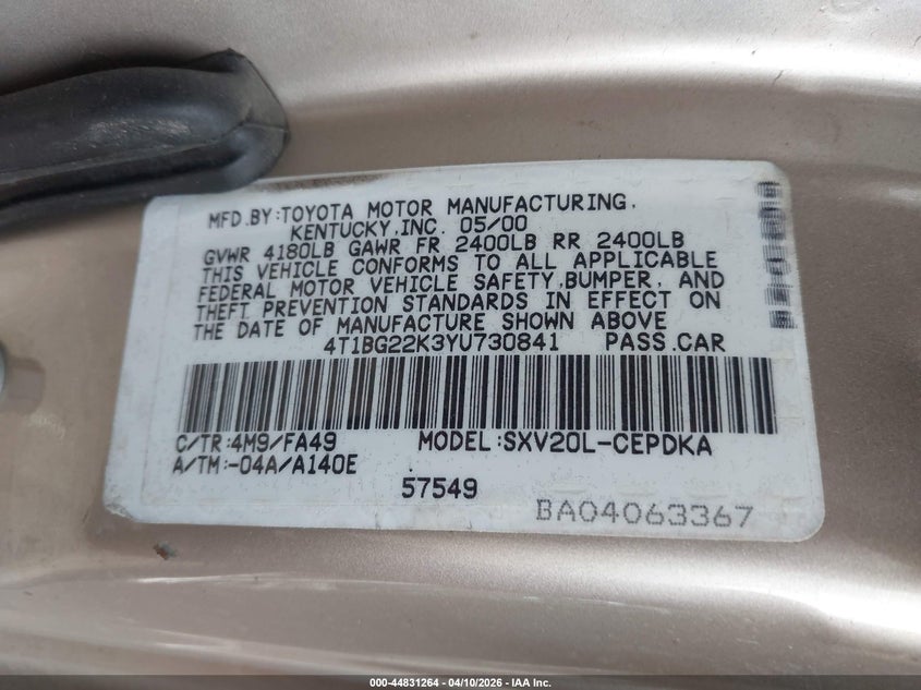 2000 Toyota Camry Ce VIN: 4T1BG22K3YU730841 Lot: 44831264