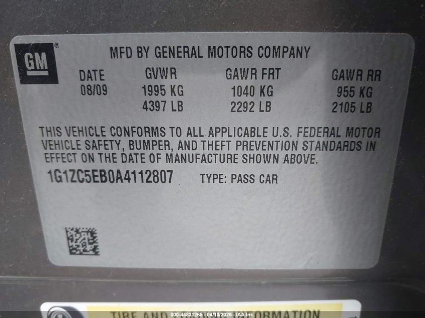 2010 Chevrolet Malibu Lt VIN: 1G1ZC5EB0A4112807 Lot: 44831265