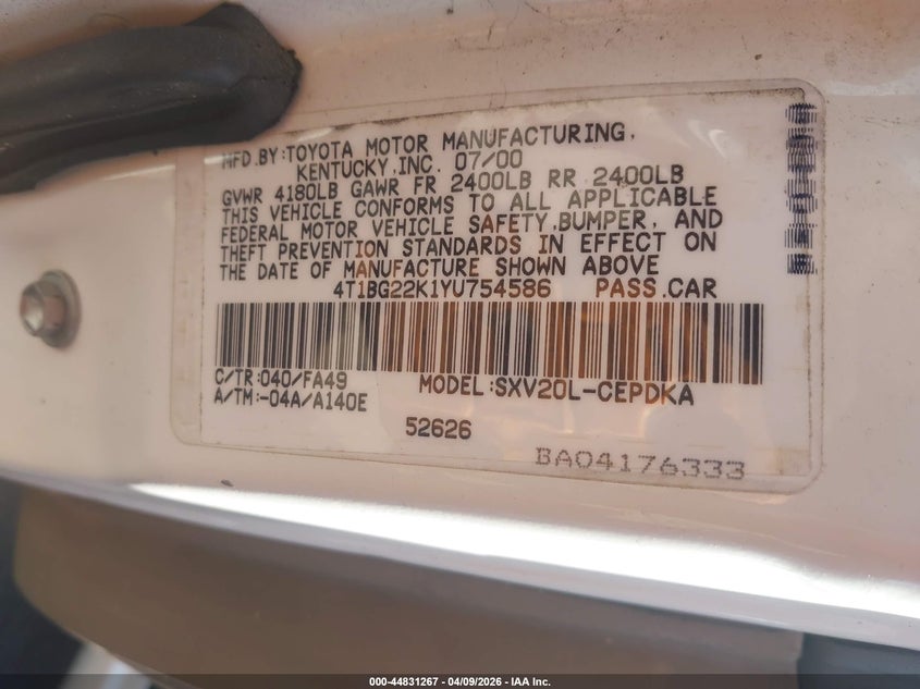 2000 Toyota Camry Ce VIN: 4T1BG22K1YU754586 Lot: 44831267