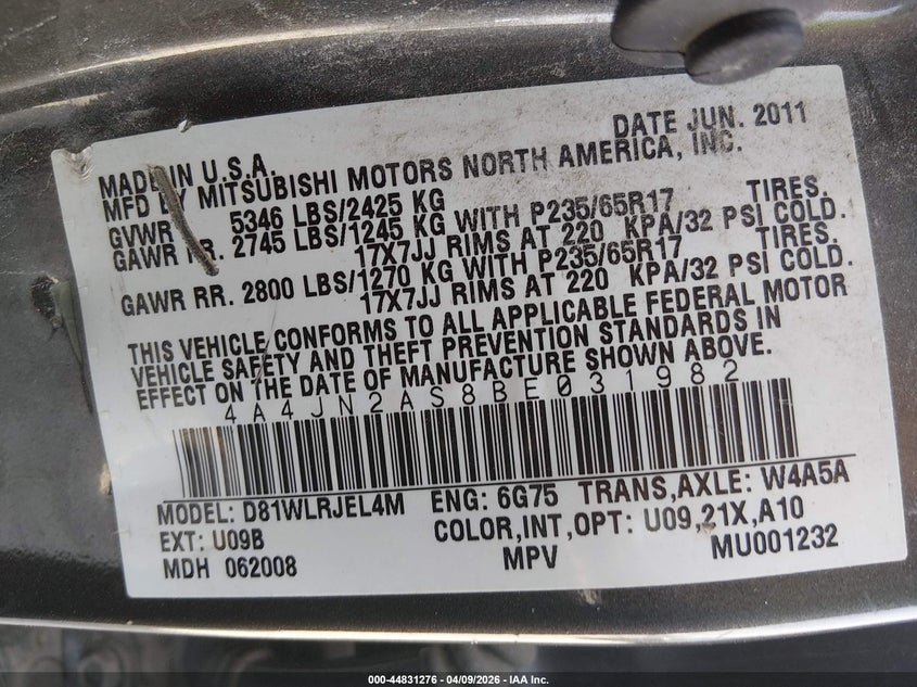 2011 Mitsubishi Endeavor VIN: 4A4JN2AS8BE031982 Lot: 44831276