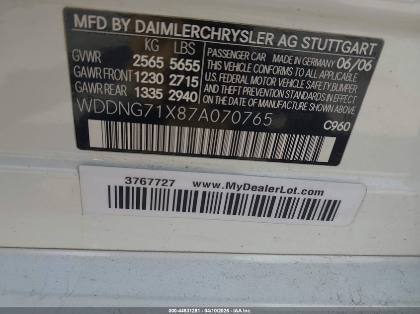 2007 Mercedes-Benz S 550 VIN: WDDNG71X87A070765 Lot: 44831281