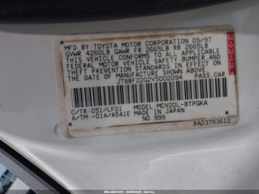 1997 Lexus Es 300 VIN: JT8BF22G2V5002094 Lot: 44831293