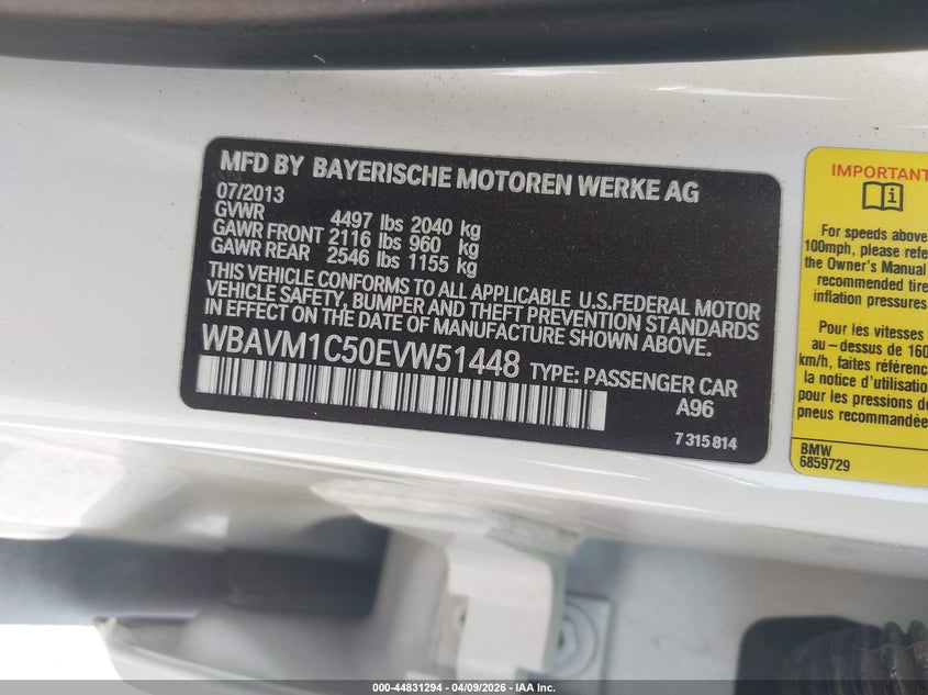 2014 BMW X1 Sdrive28I VIN: WBAVM1C50EVW51448 Lot: 44831294