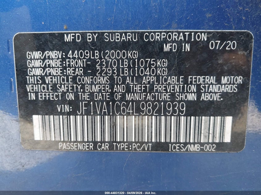 2020 Subaru Wrx Premium VIN: JF1VA1C64L9821939 Lot: 44831320