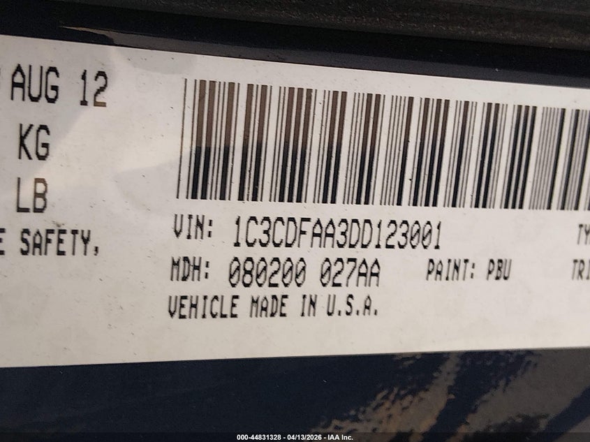 2013 Dodge Dart Se VIN: 1C3CDFAA3DD123001 Lot: 44831328