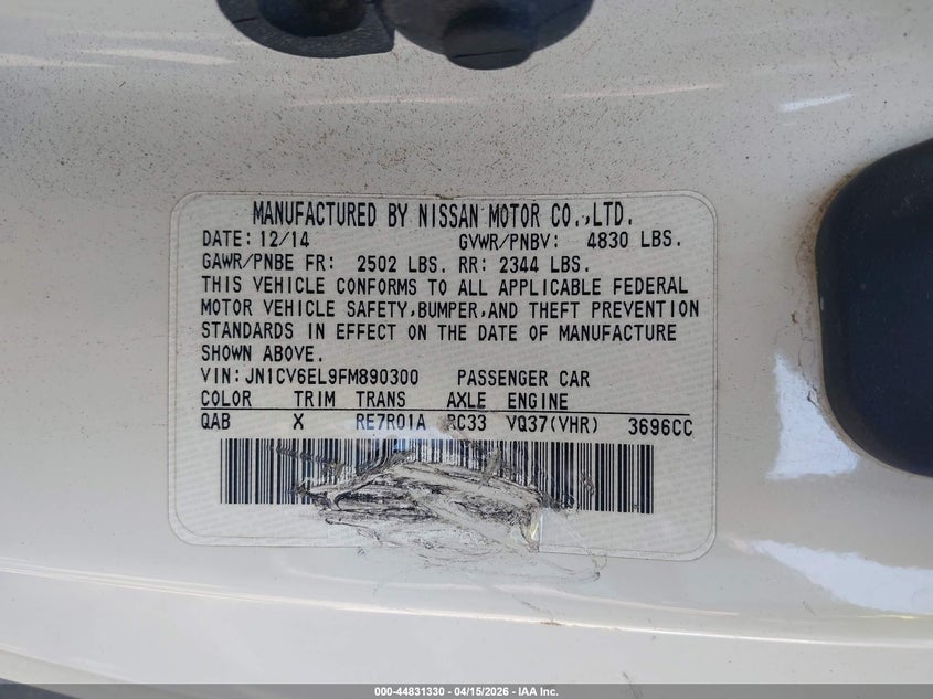 2015 Infiniti Q60 VIN: JN1CV6EL9FM890300 Lot: 44831330