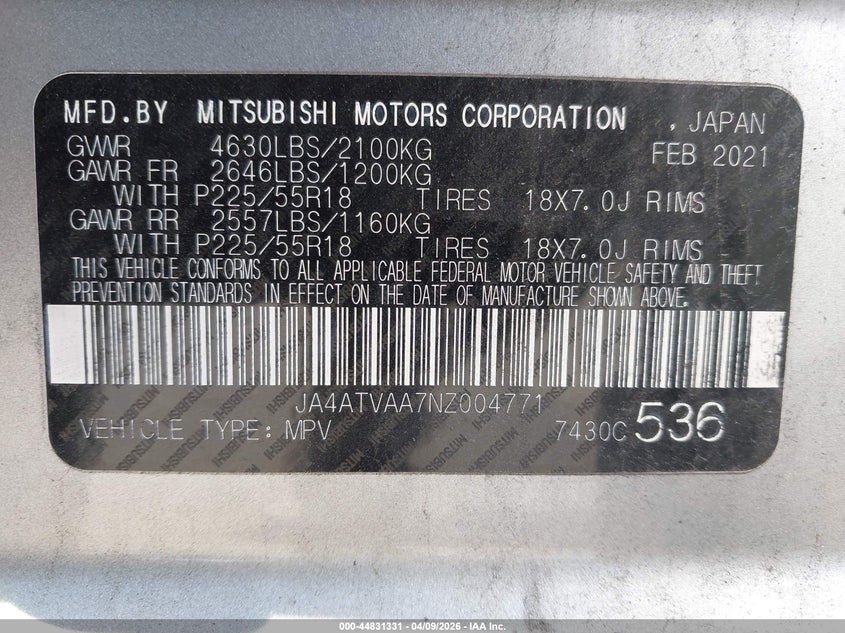 2022 Mitsubishi Eclipse Cross Le S-Awc VIN: JA4ATVAA7NZ004771 Lot: 44831331