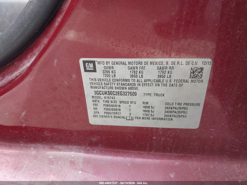 2014 Chevrolet Silverado 5.3 1500 2Lz brown Lot 111044831337 Vin 3GCUKSEC2EG327609