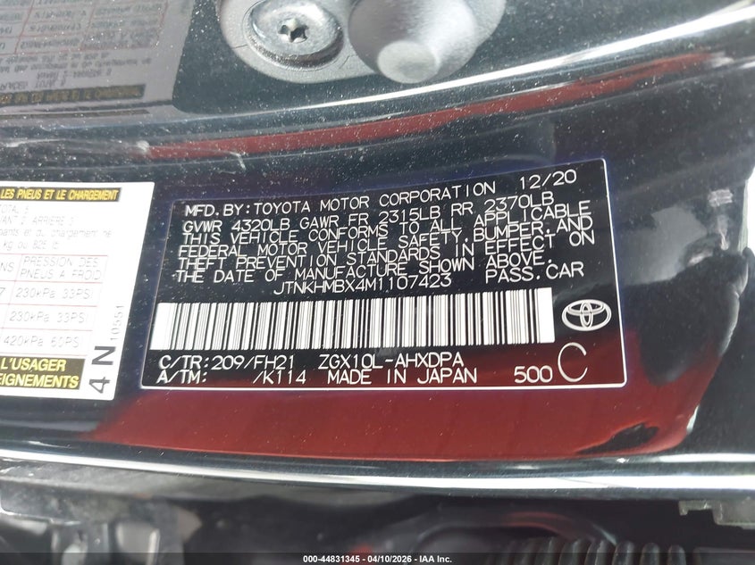 VIN JTNKHMBX4M1107423 2021 TOYOTA C-HR LE