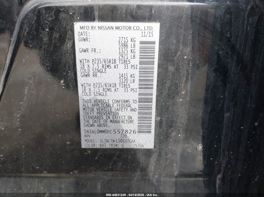 2015 Infiniti Qx60 VIN: 5N1AL0MM0FC557826 Lot: 44831349