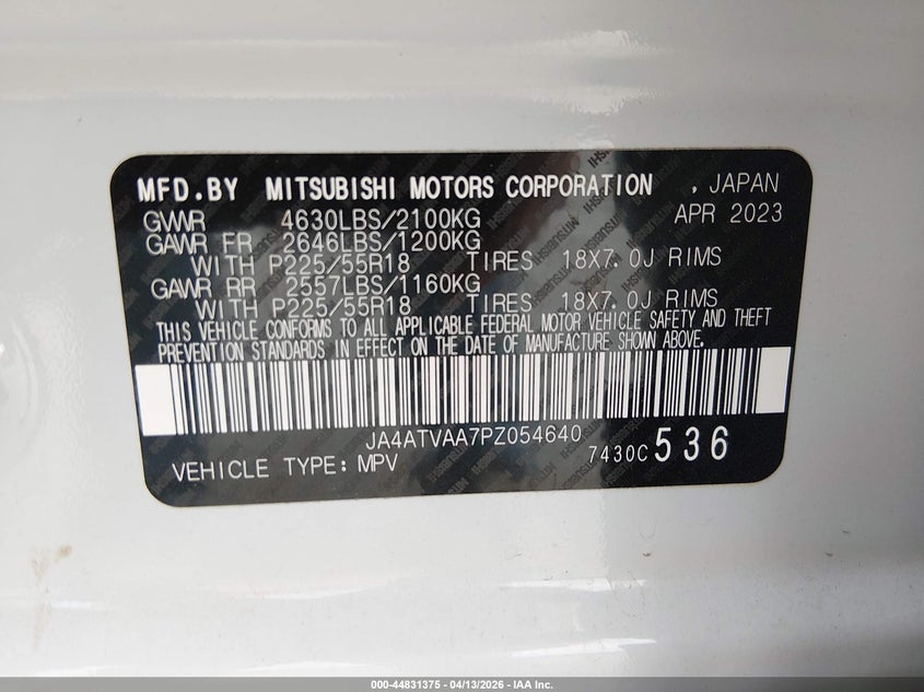 2023 Mitsubishi Eclipse Cross Le S-Awc VIN: JA4ATVAA7PZ054640 Lot: 44831375