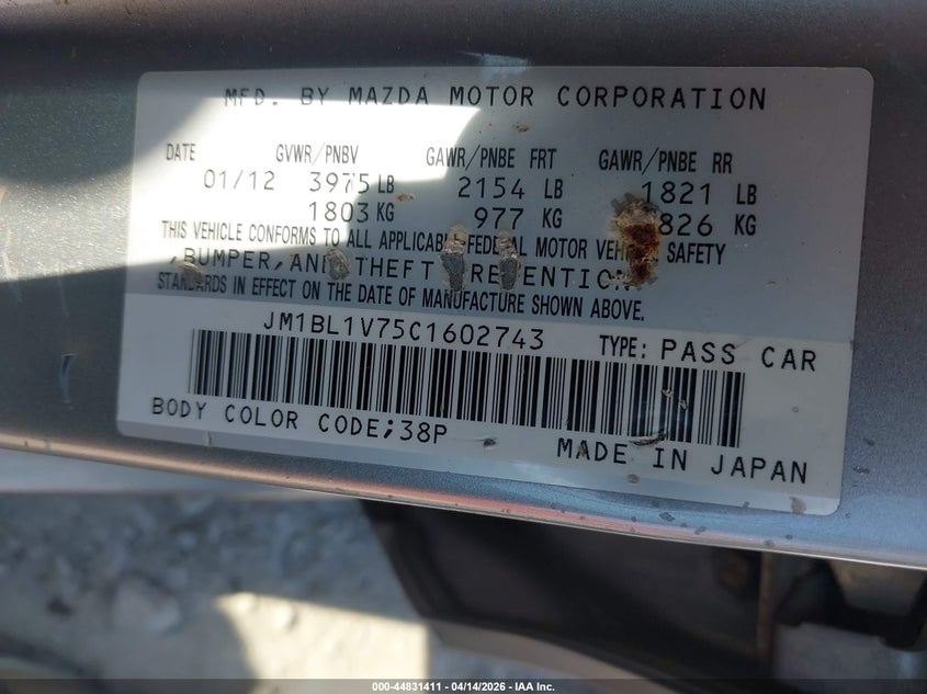 2012 Mazda Mazda3 I Touring VIN: JM1BL1V75C1602743 Lot: 44831411