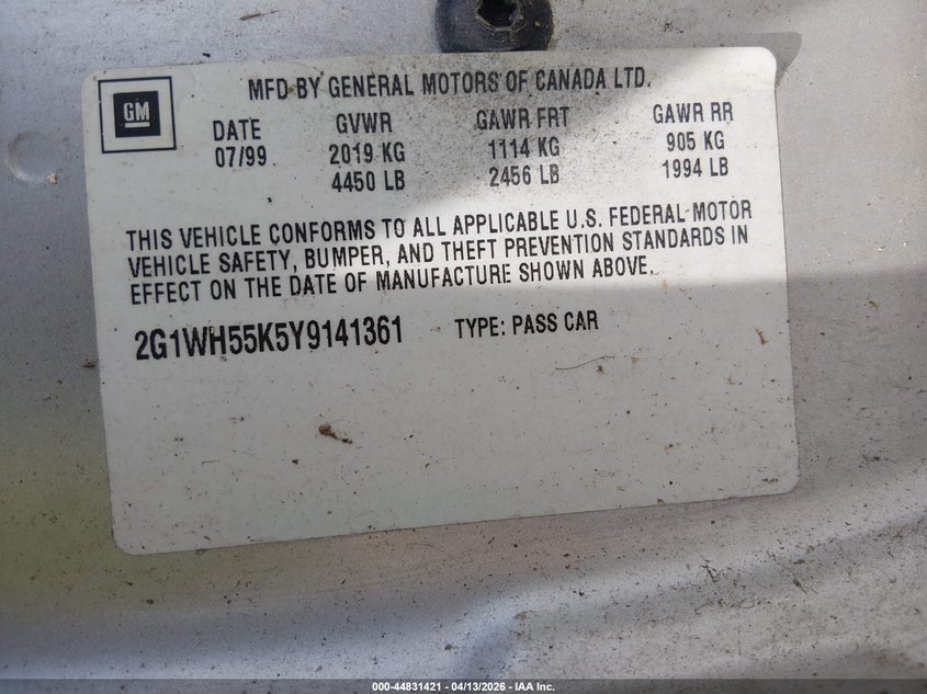 2000 Chevrolet Impala Ls VIN: 2G1WH55K5Y9141361 Lot: 44831421